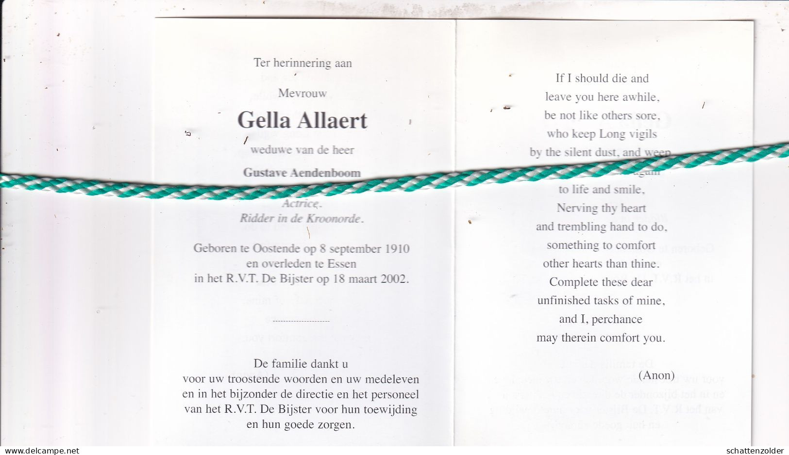 Gella Allaert-Aendenboom, Oostende 1910, Essen 2002. Actrice. Foto - Décès