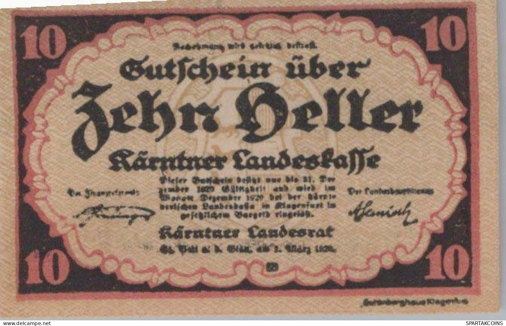 10 HELLER 1920 Stadt CARINTHIA Carinthia Österreich Notgeld Banknote #PD690 - [11] Local Banknote Issues