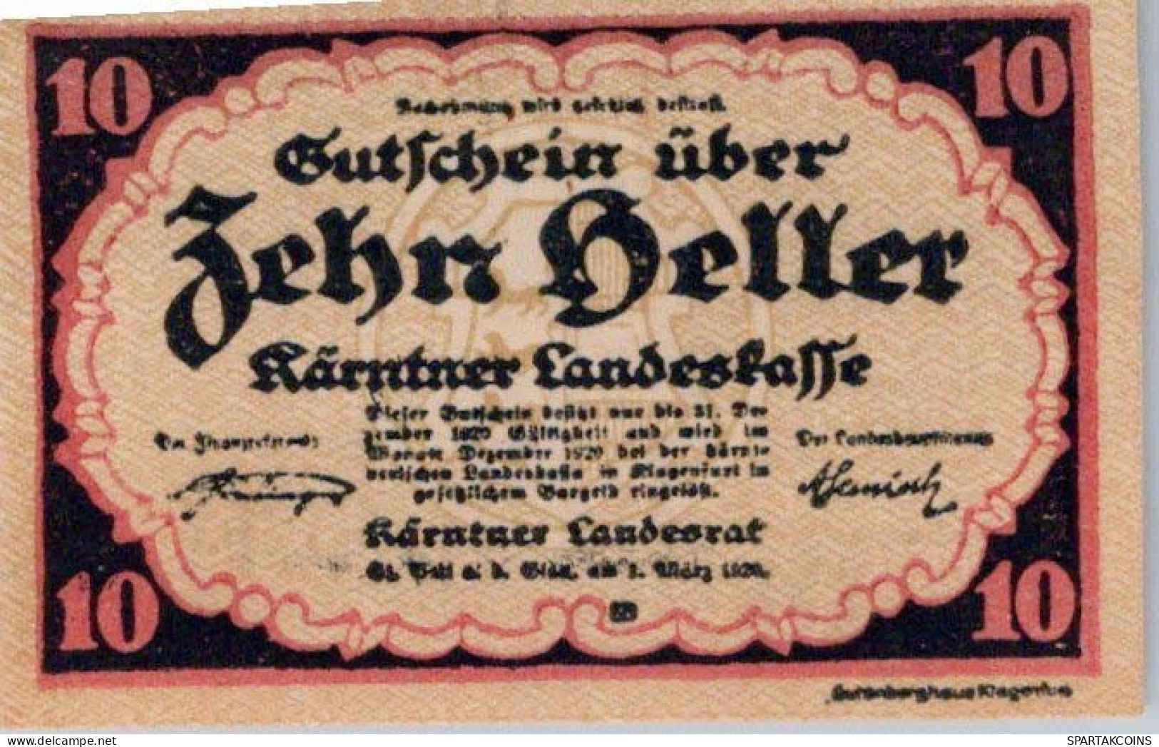 10 HELLER 1920 Stadt CARINTHIA Carinthia Österreich Notgeld Banknote #PD690 - [11] Local Banknote Issues