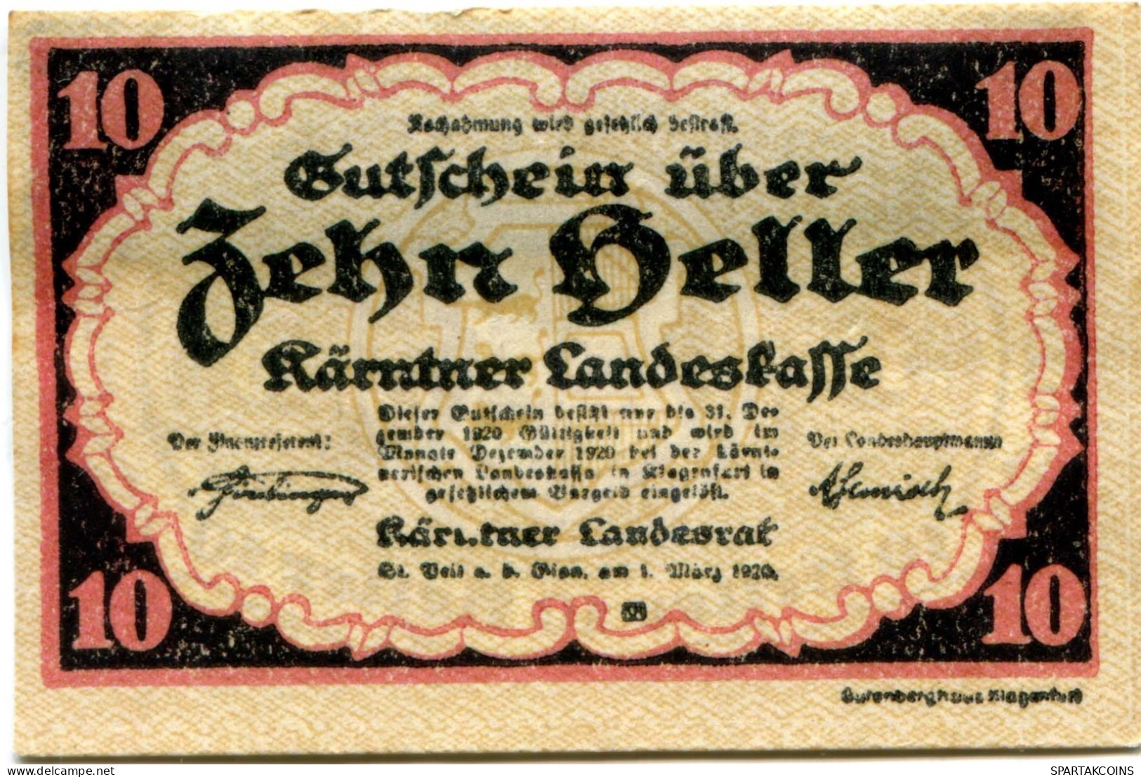 10 HELLER 1920 Stadt CARINTHIA Carinthia Österreich Notgeld Papiergeld Banknote #PL537 - [11] Local Banknote Issues