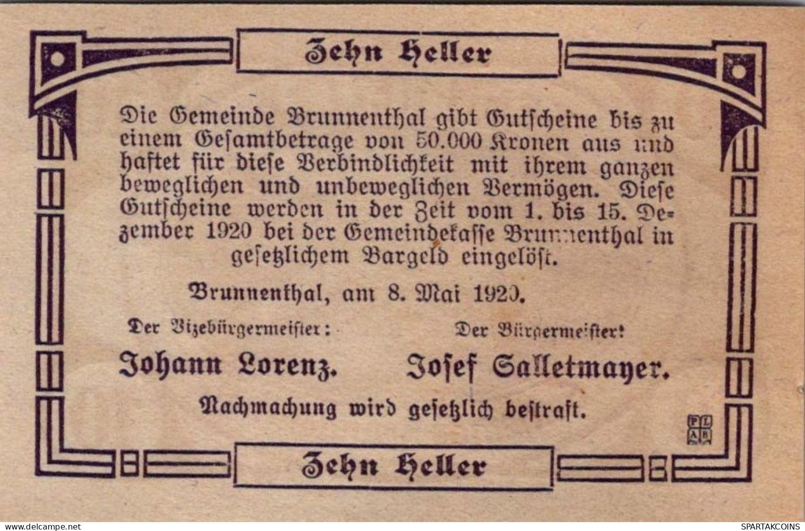 10 HELLER 1920 Stadt BRUNNENTHAL Oberösterreich Österreich Notgeld #PF138 - [11] Local Banknote Issues