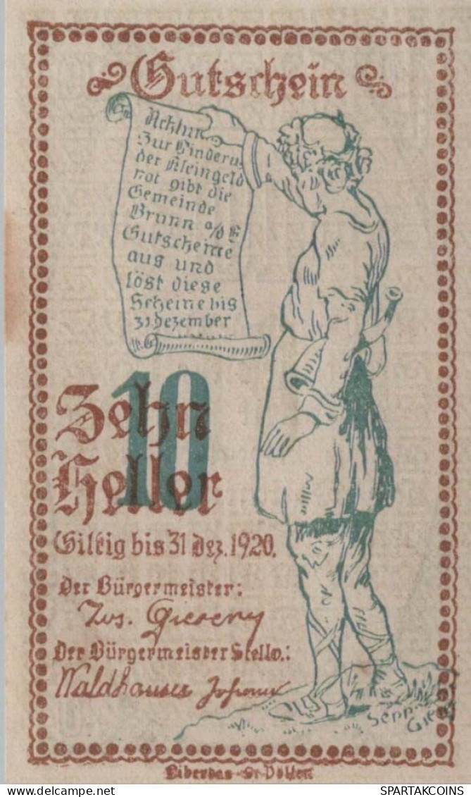 10 HELLER 1920 Stadt BRUNN AN DER ERLAUF Niedrigeren Österreich #PF150 - [11] Local Banknote Issues