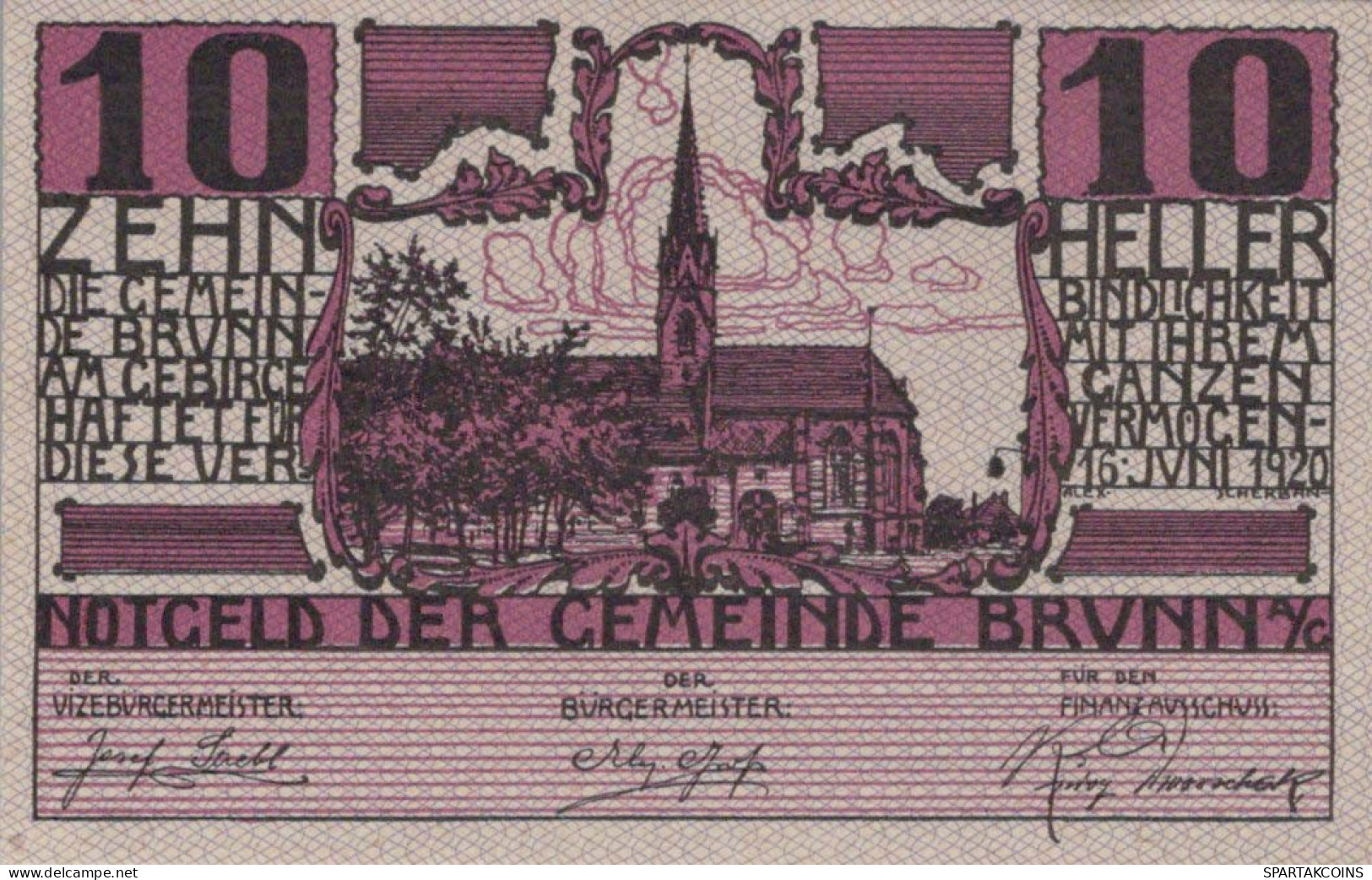 10 HELLER 1920 Stadt BRUNN AM GEBIRGE Niedrigeren Österreich Notgeld #PE969 - [11] Local Banknote Issues