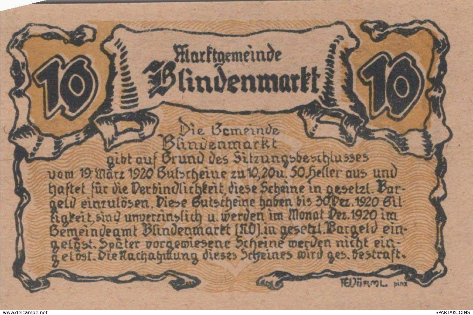 10 HELLER 1920 Stadt BLINDENMARKT Niedrigeren Österreich Notgeld Papiergeld Banknote #PG811 - [11] Local Banknote Issues