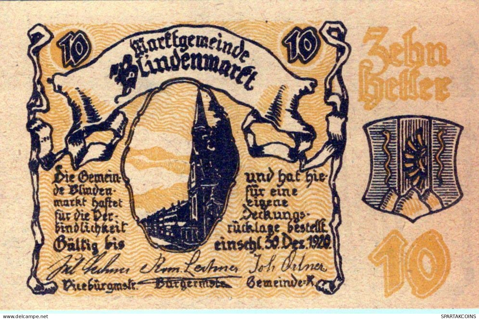 10 HELLER 1920 Stadt BLINDENMARKT Niedrigeren Österreich Notgeld Papiergeld Banknote #PG572 - [11] Local Banknote Issues