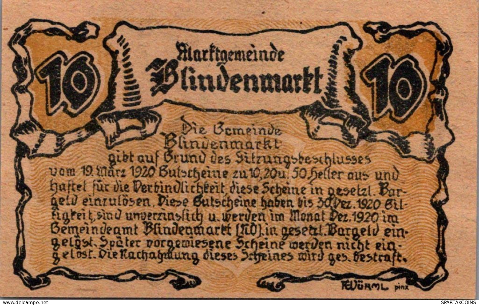10 HELLER 1920 Stadt BLINDENMARKT Niedrigeren Österreich Notgeld #PF371 - [11] Local Banknote Issues