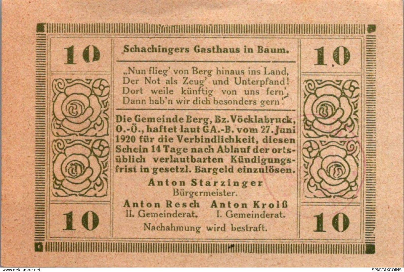 10 HELLER 1920 Stadt BERG IM ATTERGAU Oberösterreich Österreich Notgeld #PF155 - [11] Local Banknote Issues