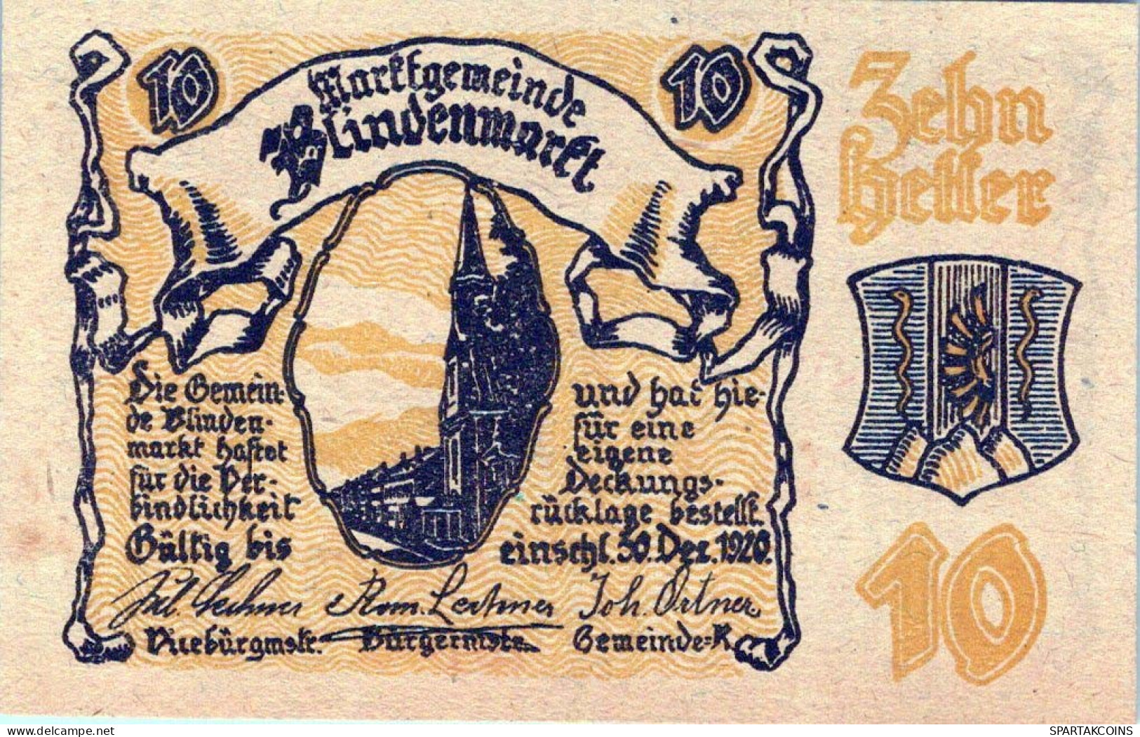 10 HELLER 1920 Stadt BLINDENMARKT Niedrigeren Österreich Notgeld #PE984 - [11] Local Banknote Issues