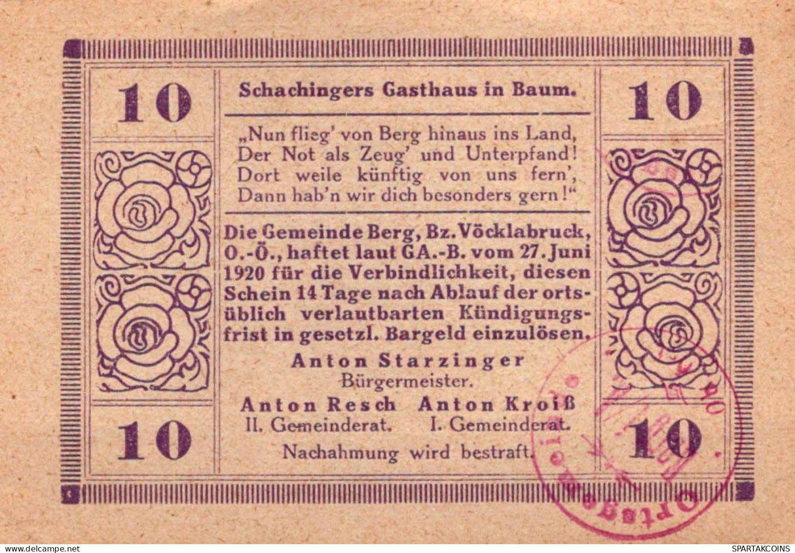 10 HELLER 1920 Stadt BERG IM ATTERGAU Oberösterreich Österreich Notgeld #PD734 - [11] Local Banknote Issues