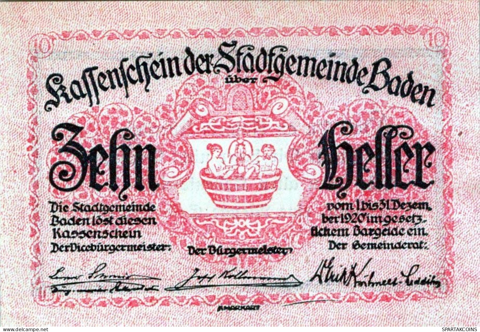 10 HELLER 1920 Stadt BADEN BEI WIEN Niedrigeren Österreich UNC Österreich Notgeld #PH115 - [11] Local Banknote Issues