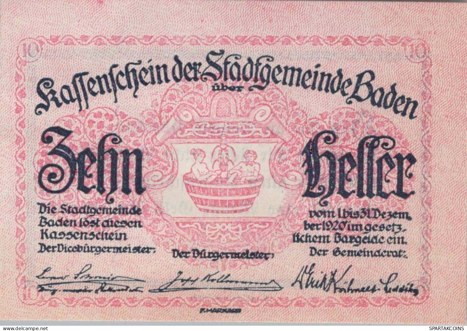 10 HELLER 1920 Stadt BADEN BEI WIEN Niedrigeren Österreich Notgeld Papiergeld Banknote #PG520 - [11] Local Banknote Issues