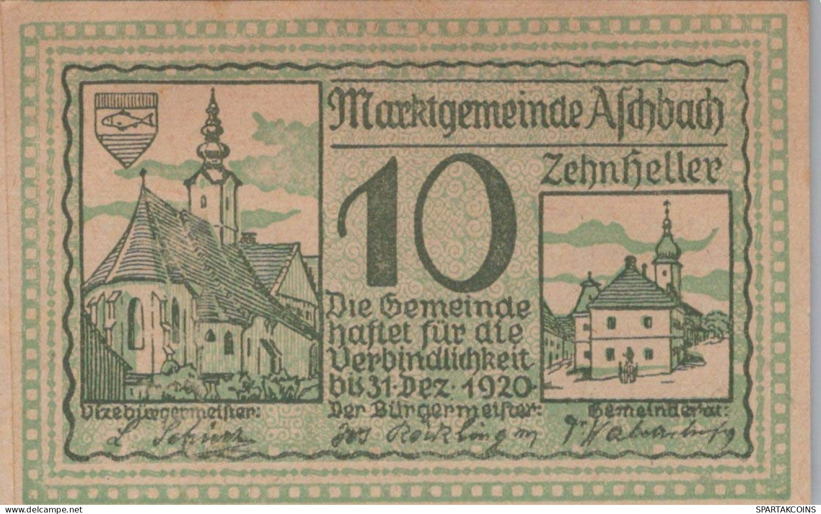 10 HELLER 1920 Stadt ASCHBACH Niedrigeren Österreich Notgeld Banknote #PF341 - [11] Local Banknote Issues