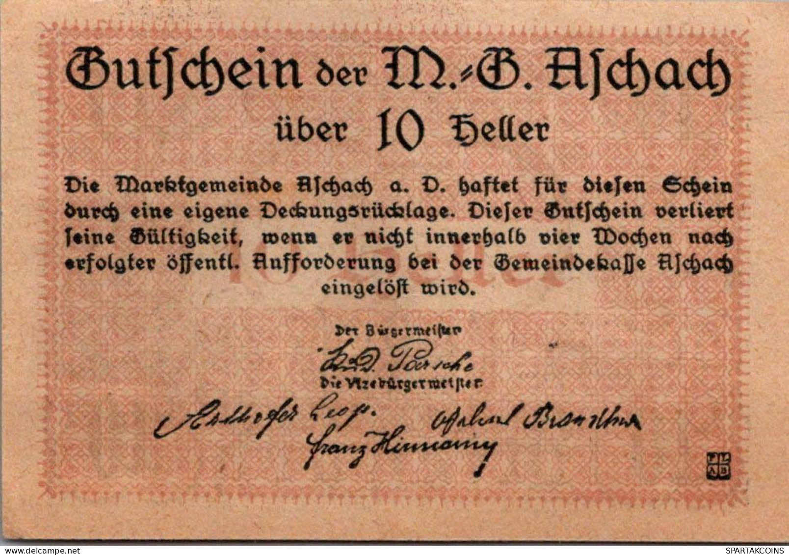 10 HELLER 1920 Stadt ASCHACH AN DER DONAU Oberösterreich Österreich #PE189 - [11] Local Banknote Issues