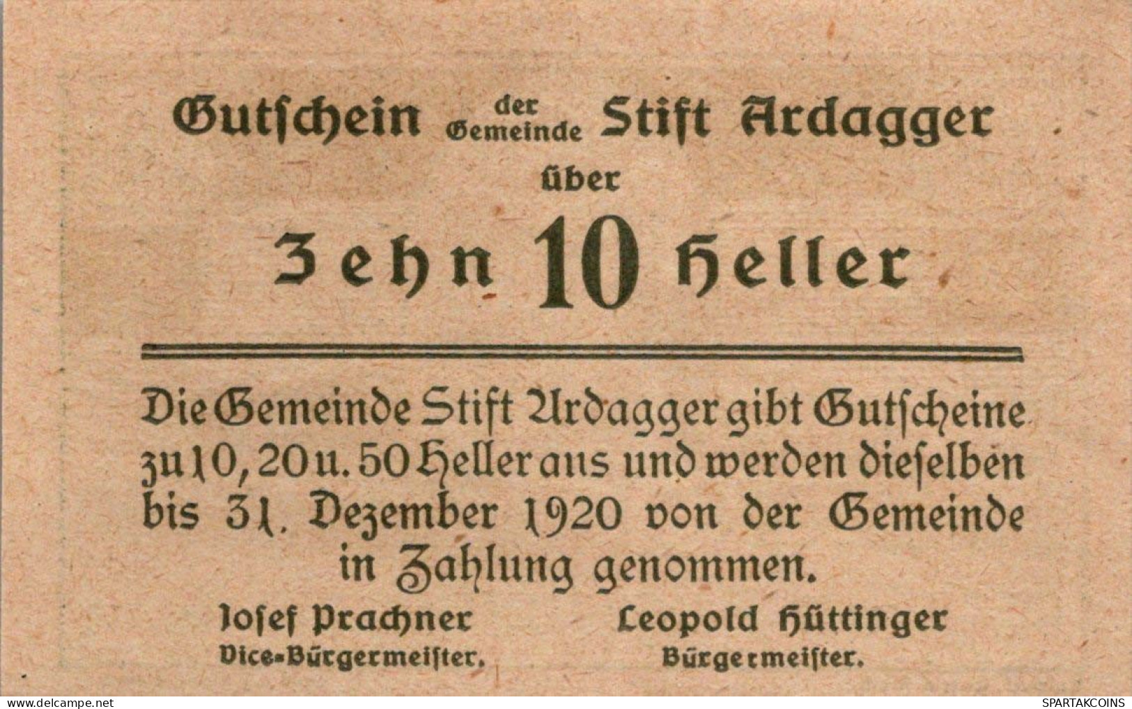 10 HELLER 1920 Stadt ARDAGGER Niedrigeren Österreich UNC Österreich Notgeld #PH044 - [11] Local Banknote Issues