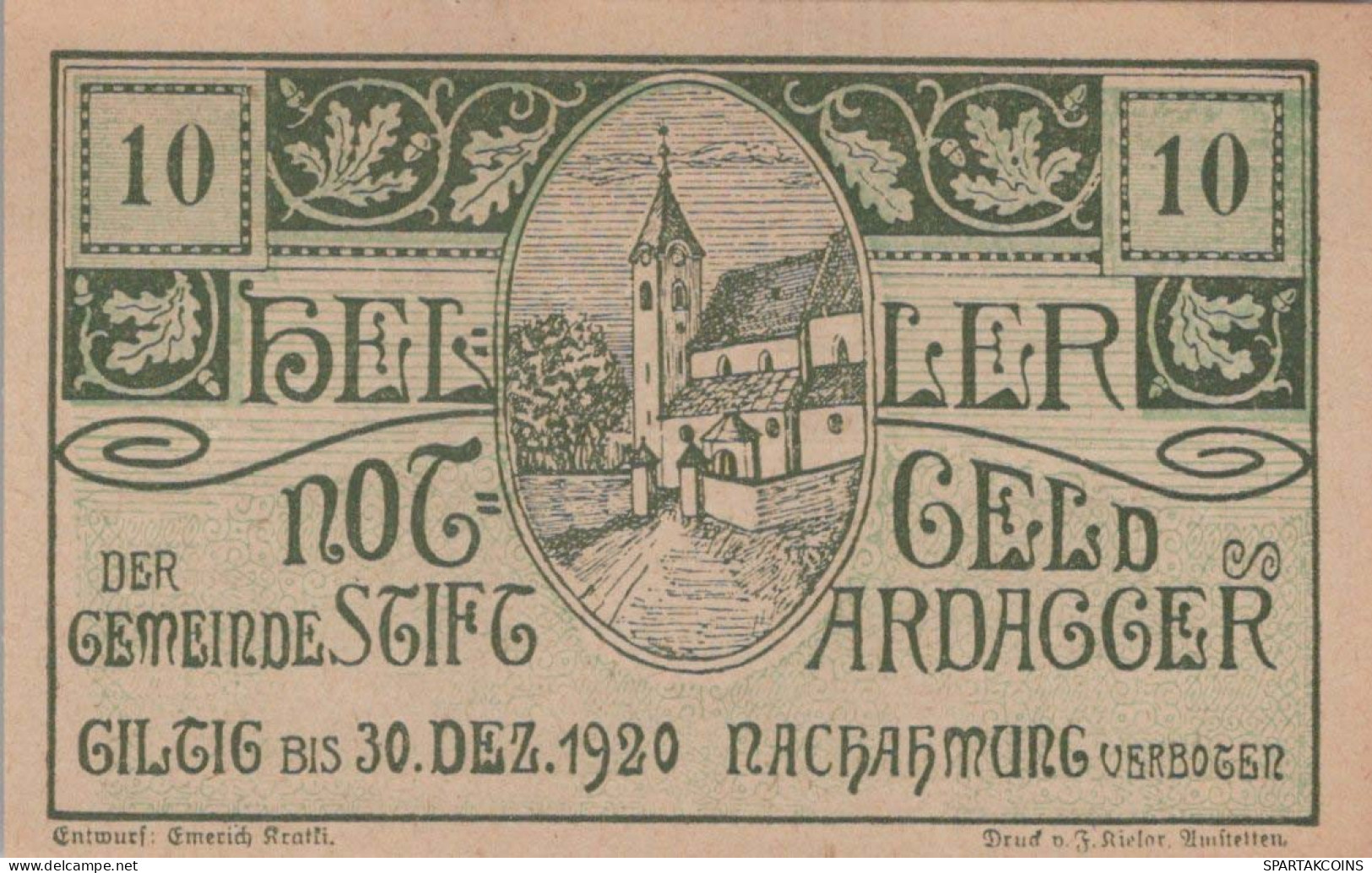 10 HELLER 1920 Stadt ARDAGGER Niedrigeren Österreich Notgeld Papiergeld Banknote #PG704 - [11] Local Banknote Issues