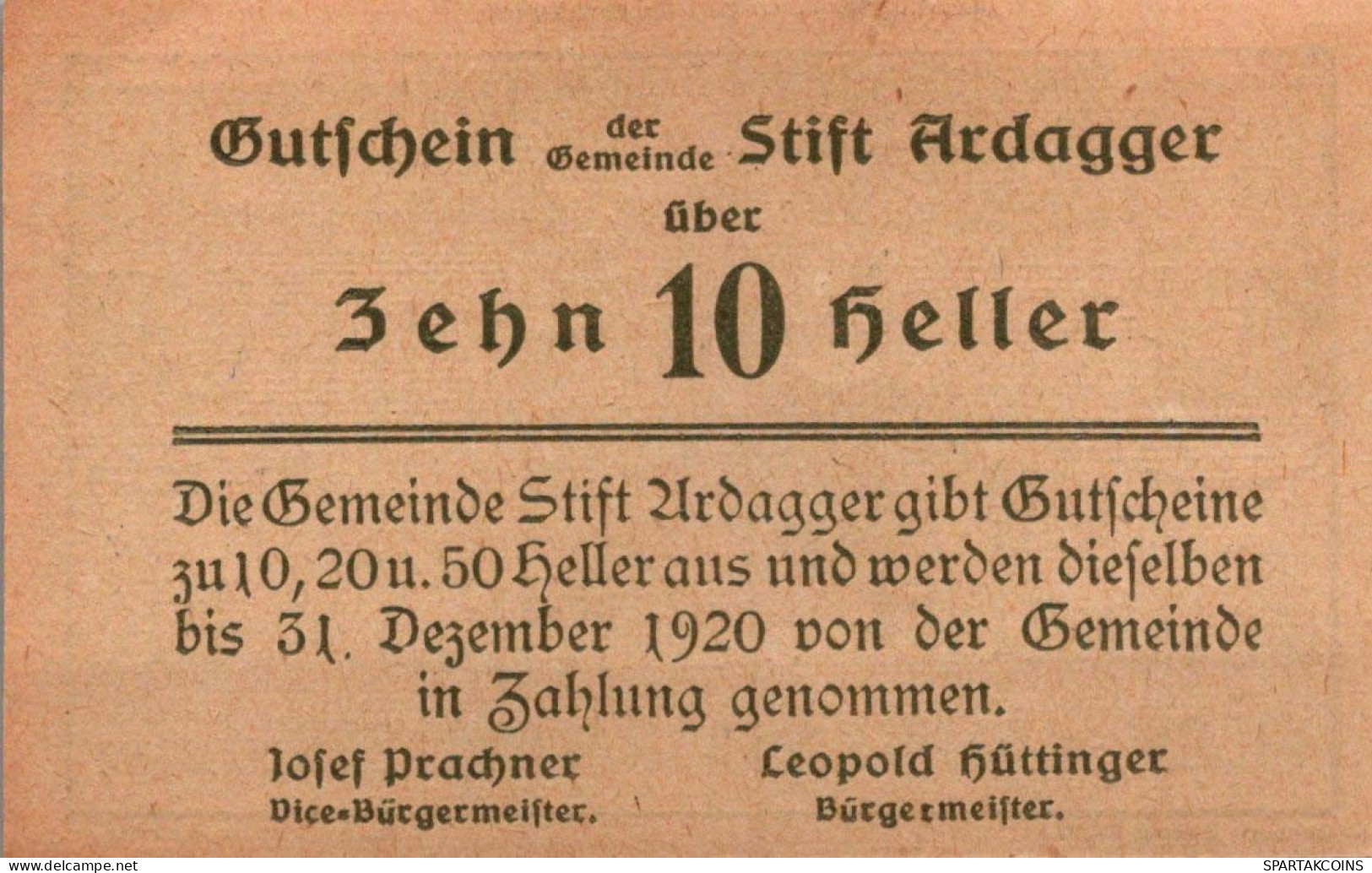 10 HELLER 1920 Stadt ARDAGGER Niedrigeren Österreich Notgeld Papiergeld Banknote #PG704 - [11] Local Banknote Issues