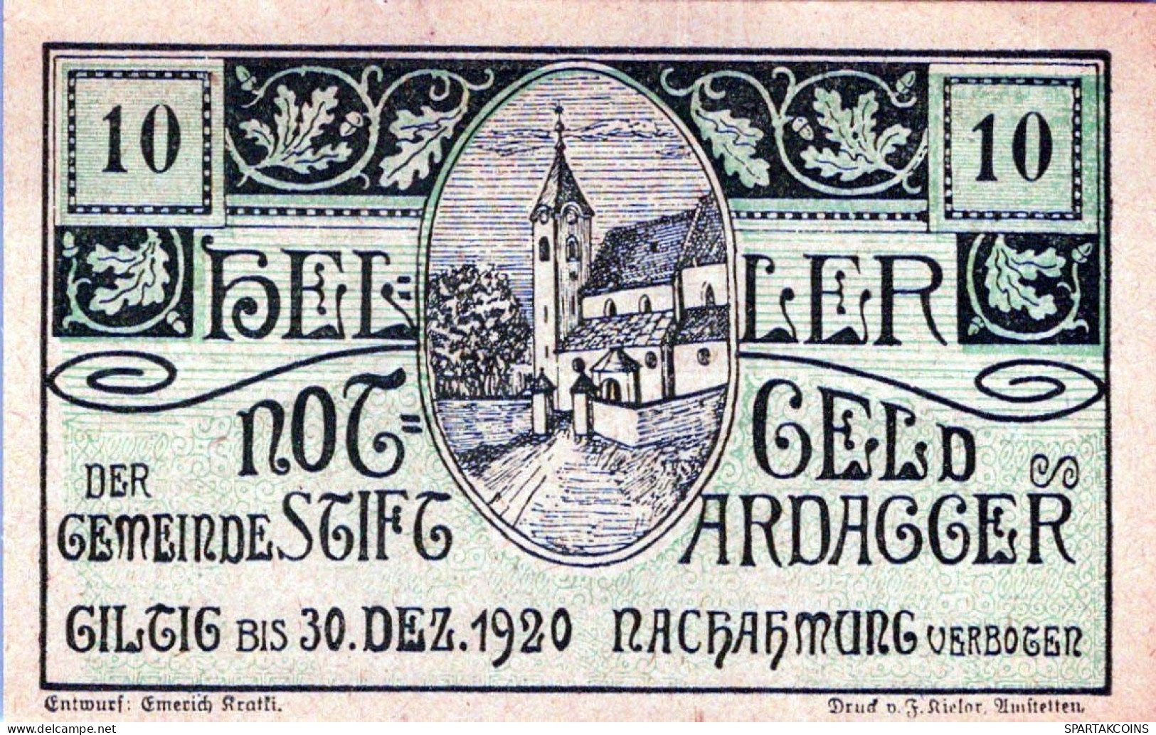 10 HELLER 1920 Stadt ARDAGGER Niedrigeren Österreich Notgeld Papiergeld Banknote #PG704 - [11] Local Banknote Issues