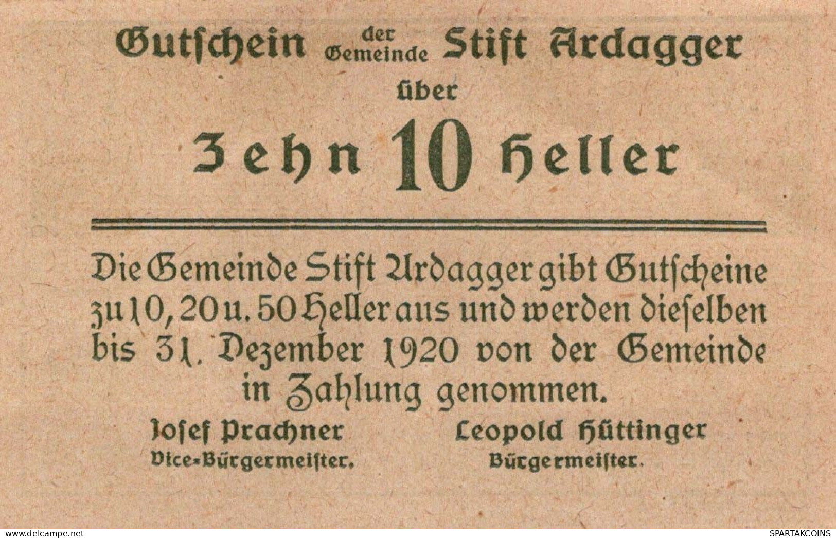 10 HELLER 1920 Stadt ARDAGGER Niedrigeren Österreich Notgeld Banknote #PE795 - [11] Local Banknote Issues