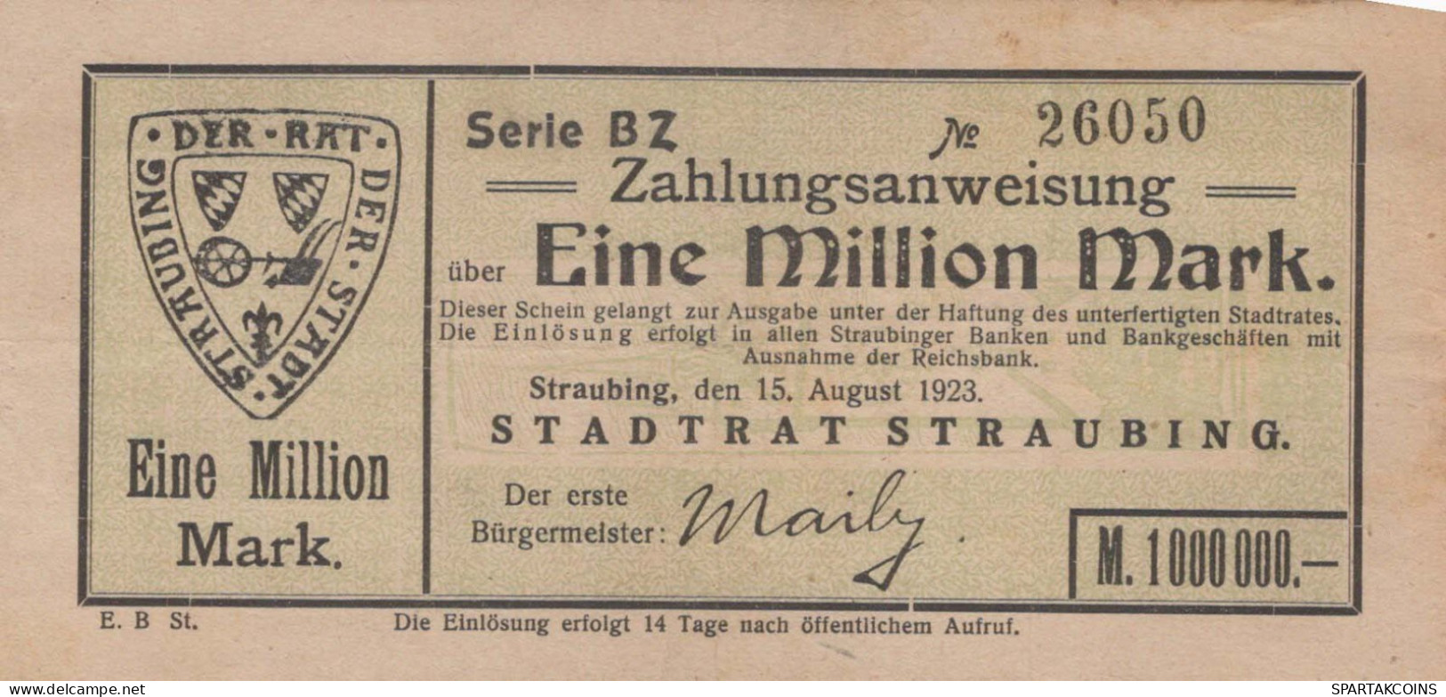 1 MILLION MARK 1923 Stadt STRAUBING Bavaria DEUTSCHLAND Papiergeld Banknote #PK853 - [11] Local Banknote Issues