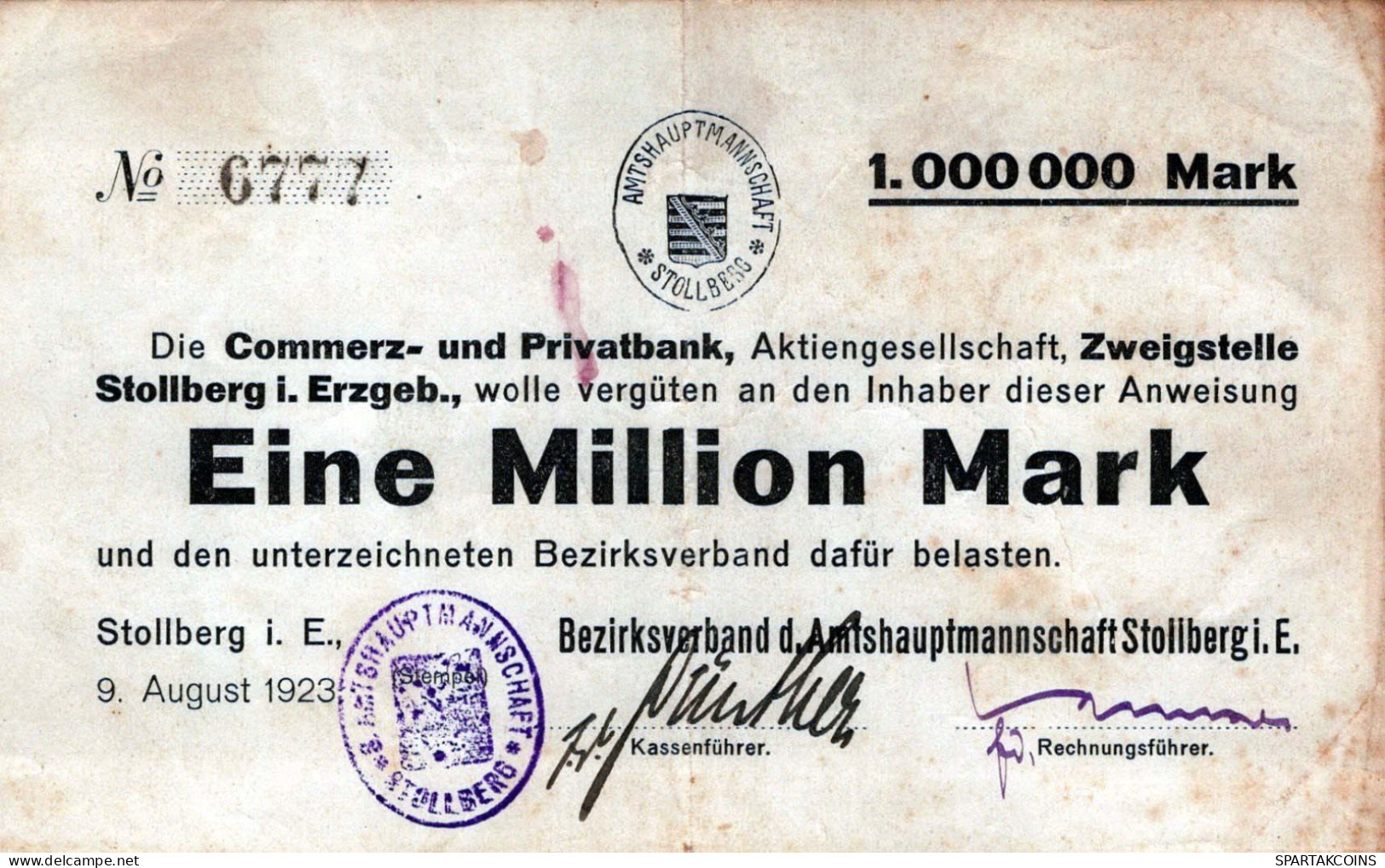 1 MILLION MARK 1923 Stadt STOLLBERG Saxony DEUTSCHLAND Papiergeld Banknote #PK893 - [11] Emisiones Locales