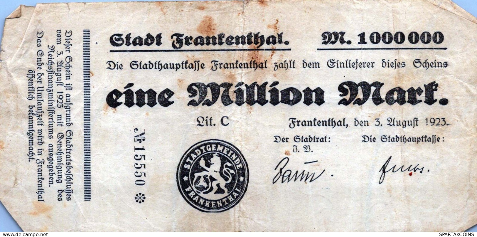 1 MILLION MARK 1923 Stadt FRANKENTHAL Bavaria DEUTSCHLAND Papiergeld Banknote #PK994 - [11] Local Banknote Issues