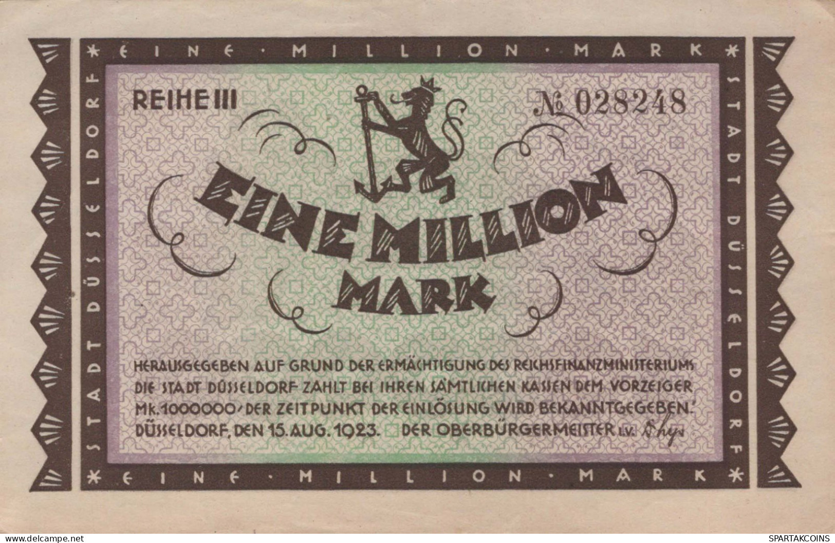 1 MILLION MARK 1923 Stadt DÜSSELDORF Rhine UNC DEUTSCHLAND Papiergeld Banknote #PK717 - [11] Local Banknote Issues