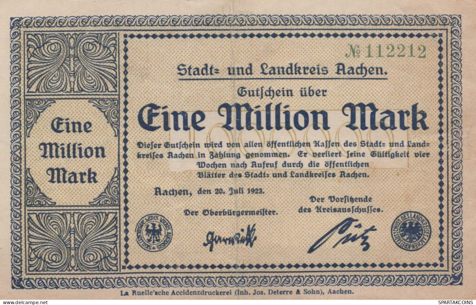 1 MILLION MARK 1923 Stadt AACHEN Rhine DEUTSCHLAND Papiergeld Banknote #PK996 - [11] Local Banknote Issues