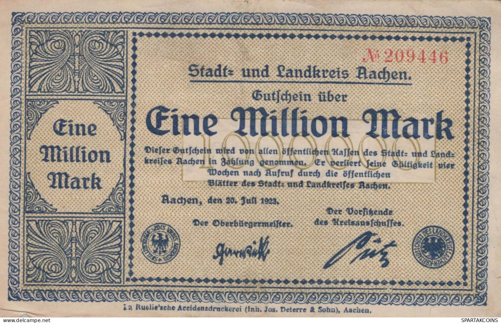 1 MILLION MARK 1923 Stadt AACHEN Rhine UNC DEUTSCHLAND Papiergeld Banknote #PK790 - [11] Local Banknote Issues