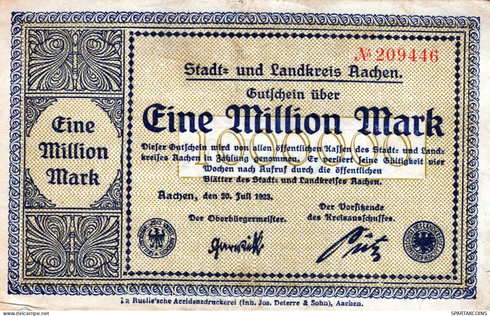 1 MILLION MARK 1923 Stadt AACHEN Rhine UNC DEUTSCHLAND Papiergeld Banknote #PK790 - [11] Local Banknote Issues