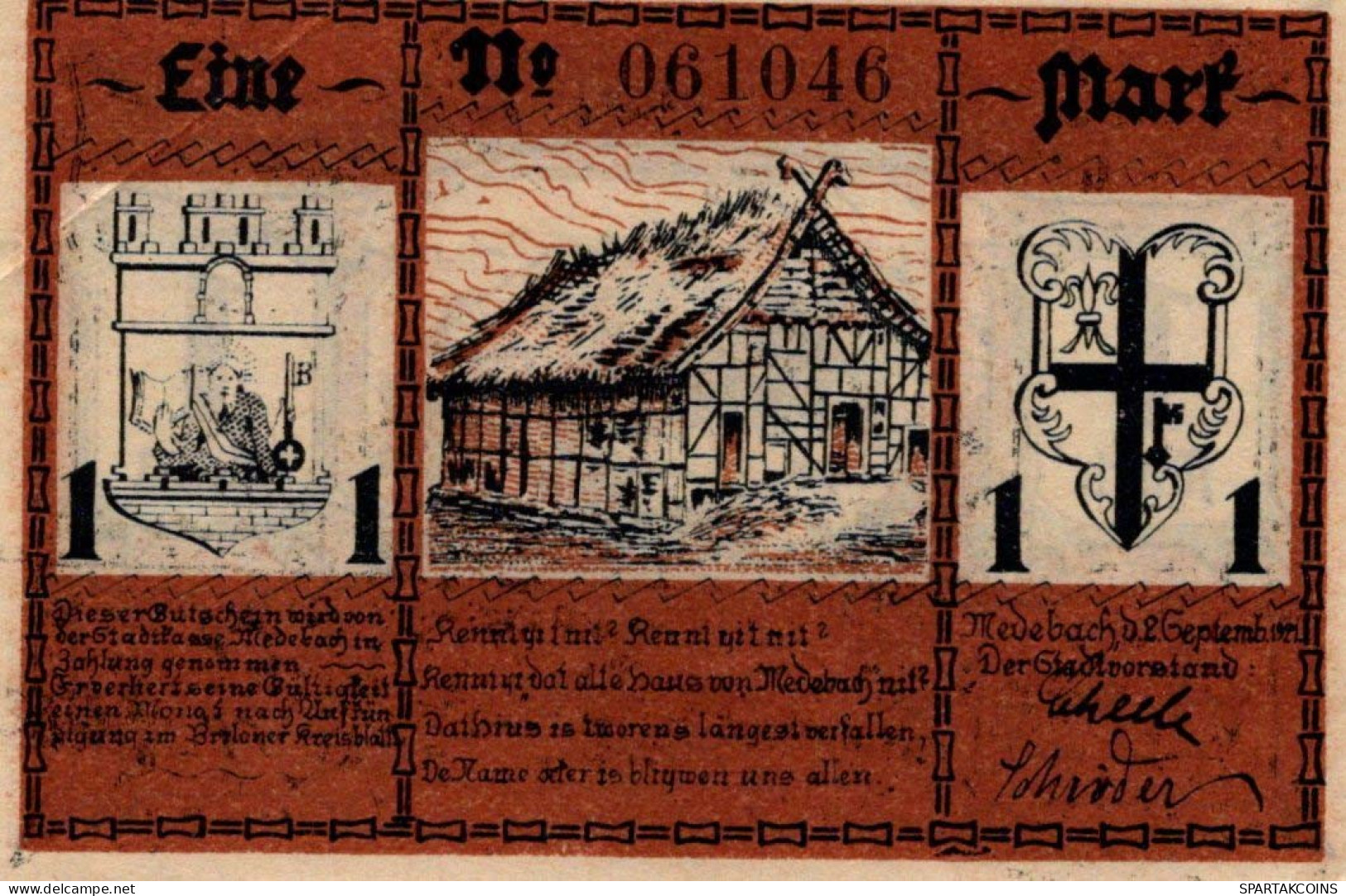 1 MARK Stadt MEDEBACH Westphalia DEUTSCHLAND Notgeld Papiergeld Banknote #PJ095 - [11] Emissions Locales