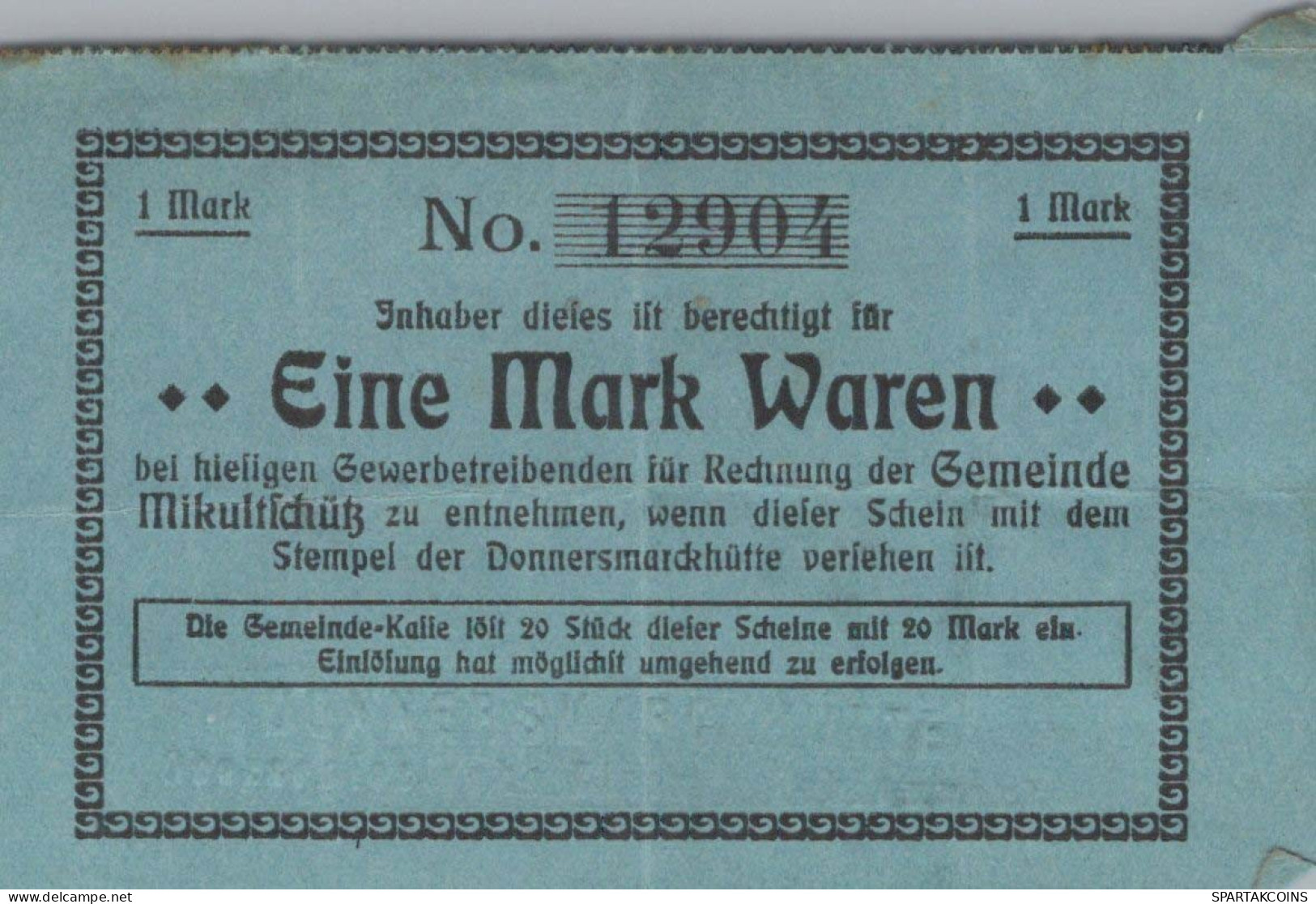 1 MARK Stadt MIKULTSCHÜTZ Oberen Silesia DEUTSCHLAND Notgeld Banknote #PF723 - [11] Emissions Locales