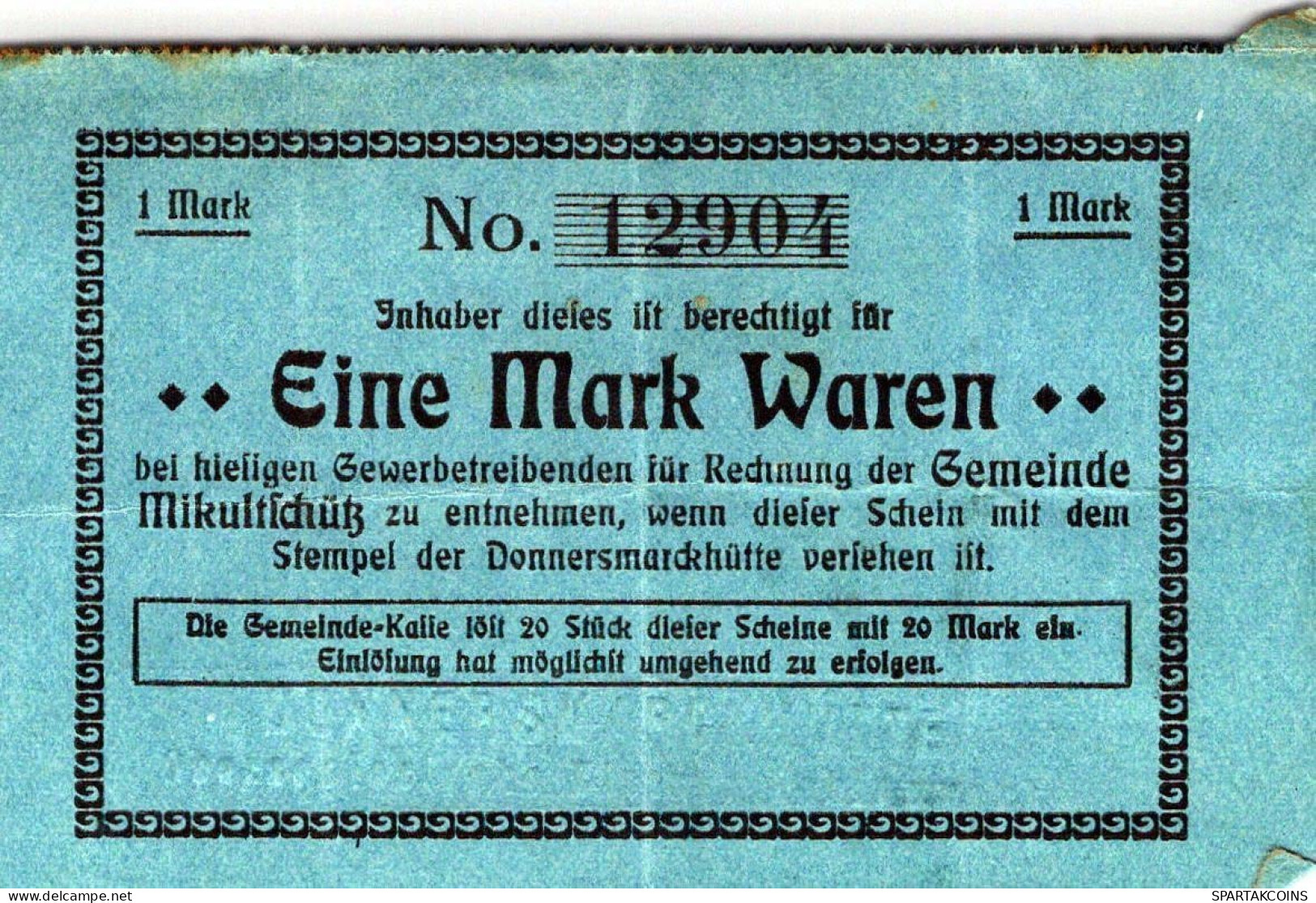 1 MARK Stadt MIKULTSCHÜTZ Oberen Silesia DEUTSCHLAND Notgeld Banknote #PF723 - [11] Local Banknote Issues