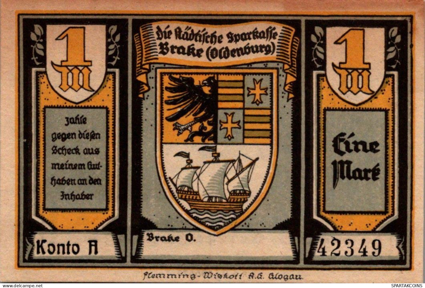 1 MARK Stadt BRAKE AN DER UNTERWESER Oldenburg UNC DEUTSCHLAND Notgeld #PI473 - [11] Local Banknote Issues