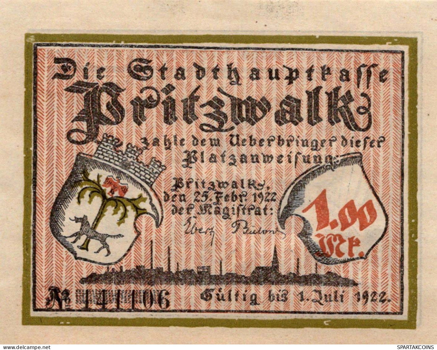 1 MARK 1922 Stadt PRITZWALK Brandenburg UNC DEUTSCHLAND Notgeld Banknote #PB746 - [11] Emissioni Locali
