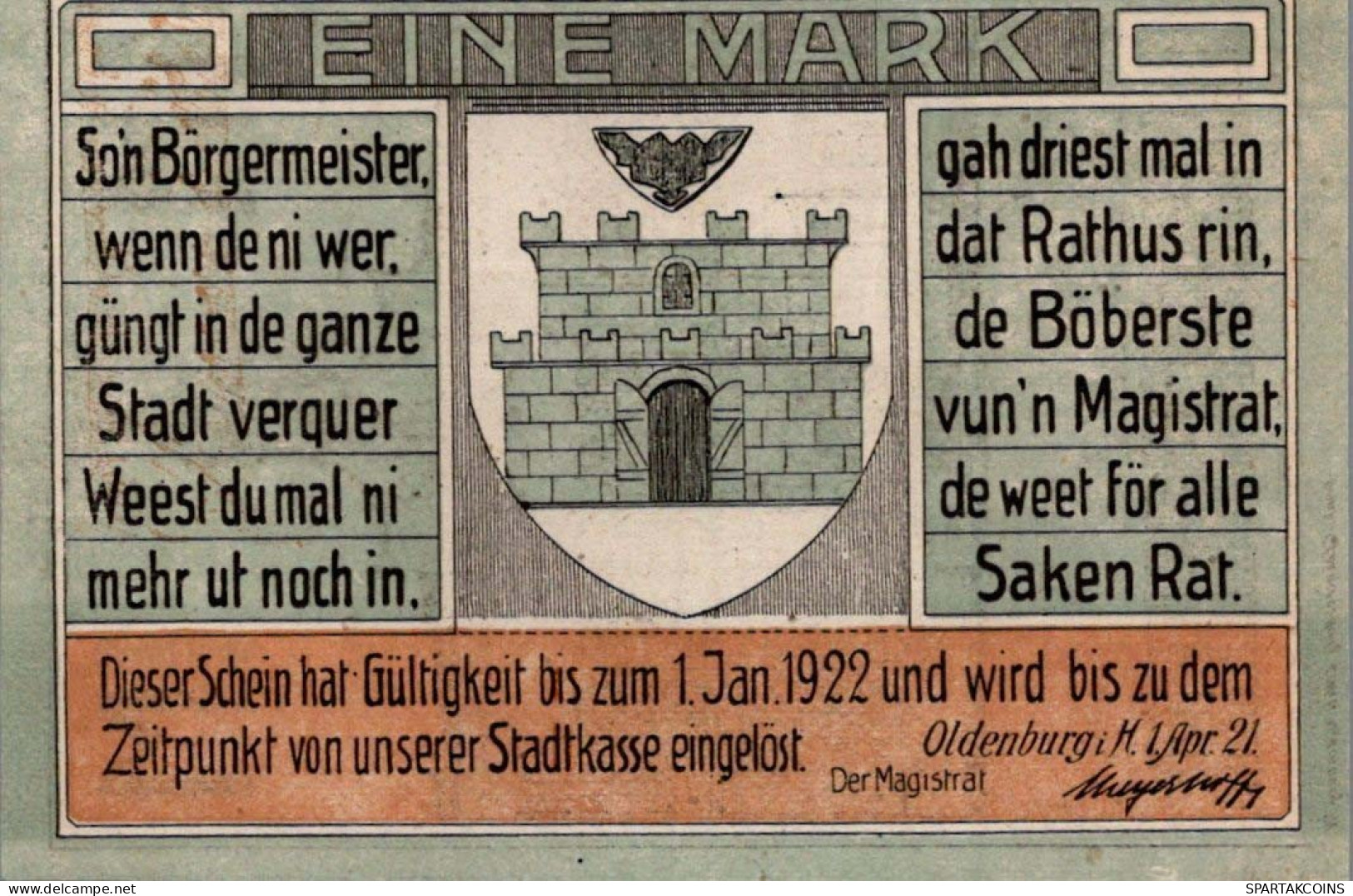 1 MARK 1922 Stadt OLDENBURG IN HOLSTEIN Schleswig-Holstein UNC DEUTSCHLAND #PI018 - [11] Emissioni Locali