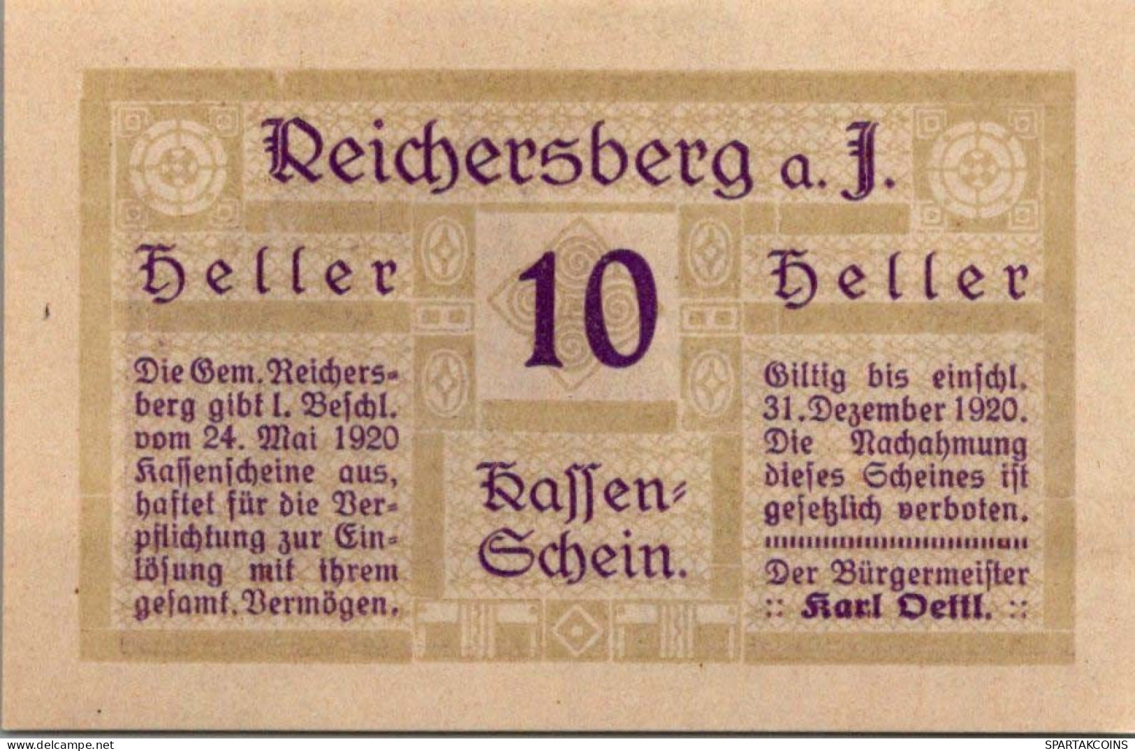 10 HELLER 1920 Stadt REICHERSBERG Oberösterreich Österreich Notgeld #PD951 - Lokale Ausgaben