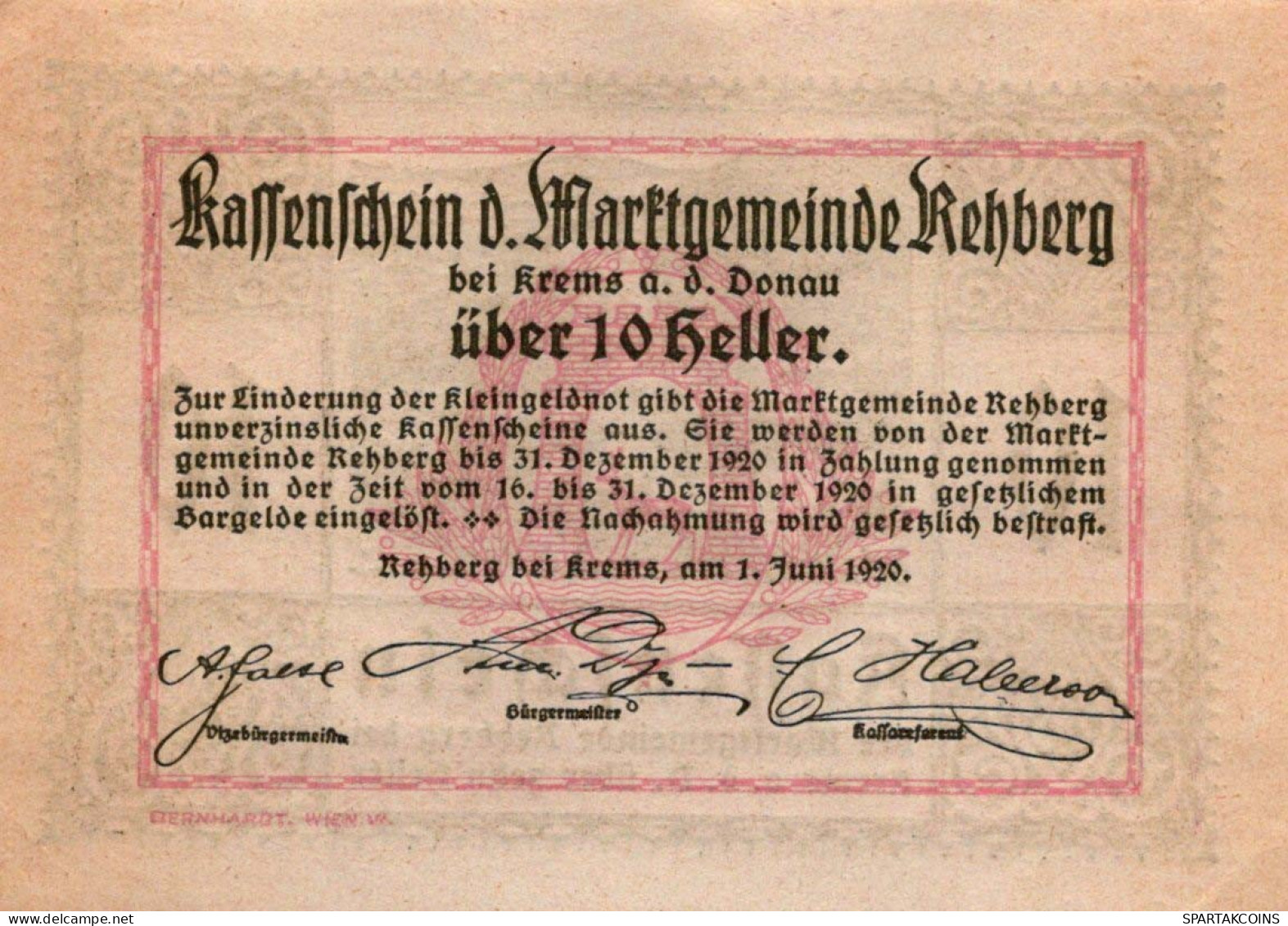10 HELLER 1920 Stadt REHBERG BEI KREMS AN DER DONAU Österreich #PE569 - Lokale Ausgaben
