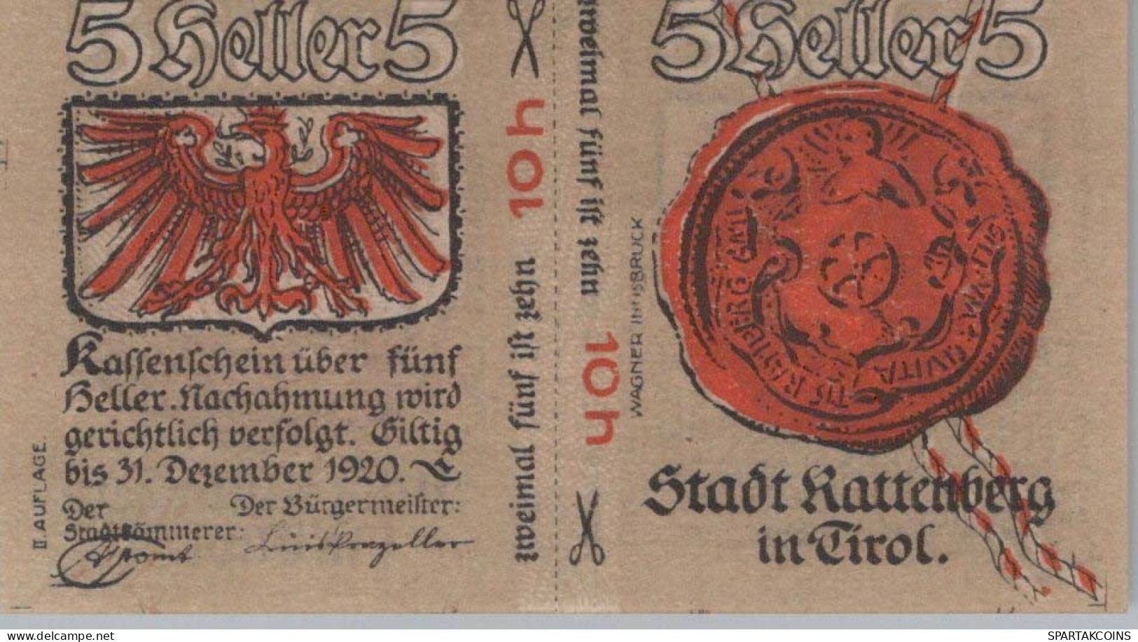 10 HELLER 1920 Stadt RATTENBERG Tyrol Österreich Notgeld Banknote #PE590 - Lokale Ausgaben