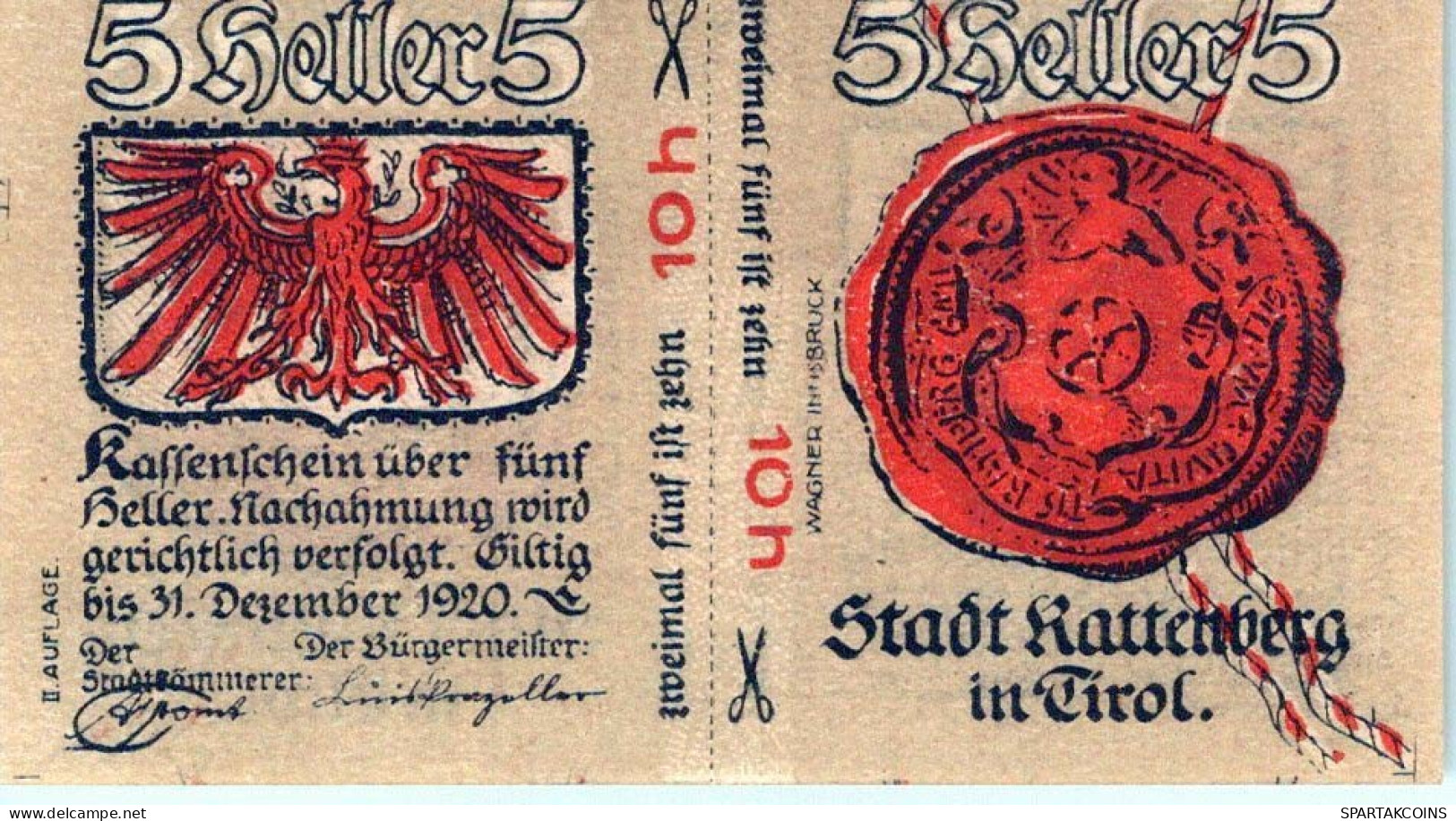 10 HELLER 1920 Stadt RATTENBERG Tyrol Österreich Notgeld Banknote #PE590 - [11] Local Banknote Issues