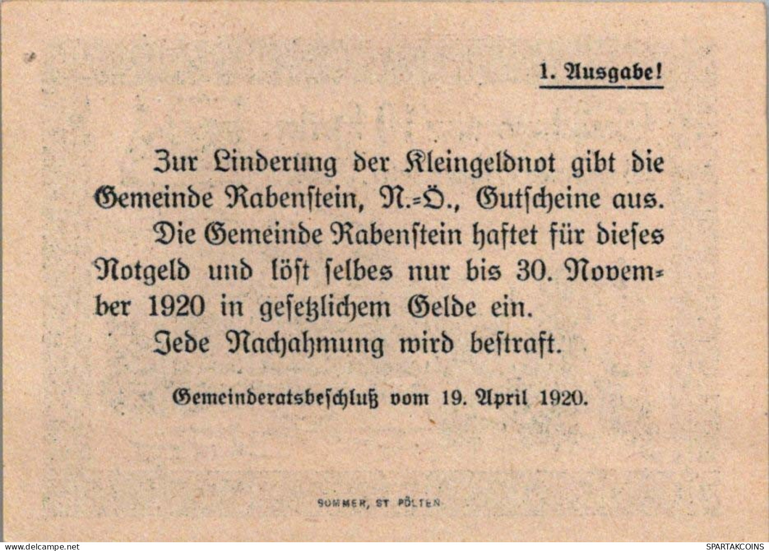 10 HELLER 1920 Stadt RABENSTEIN Niedrigeren Österreich Notgeld #PE573 - [11] Emissions Locales