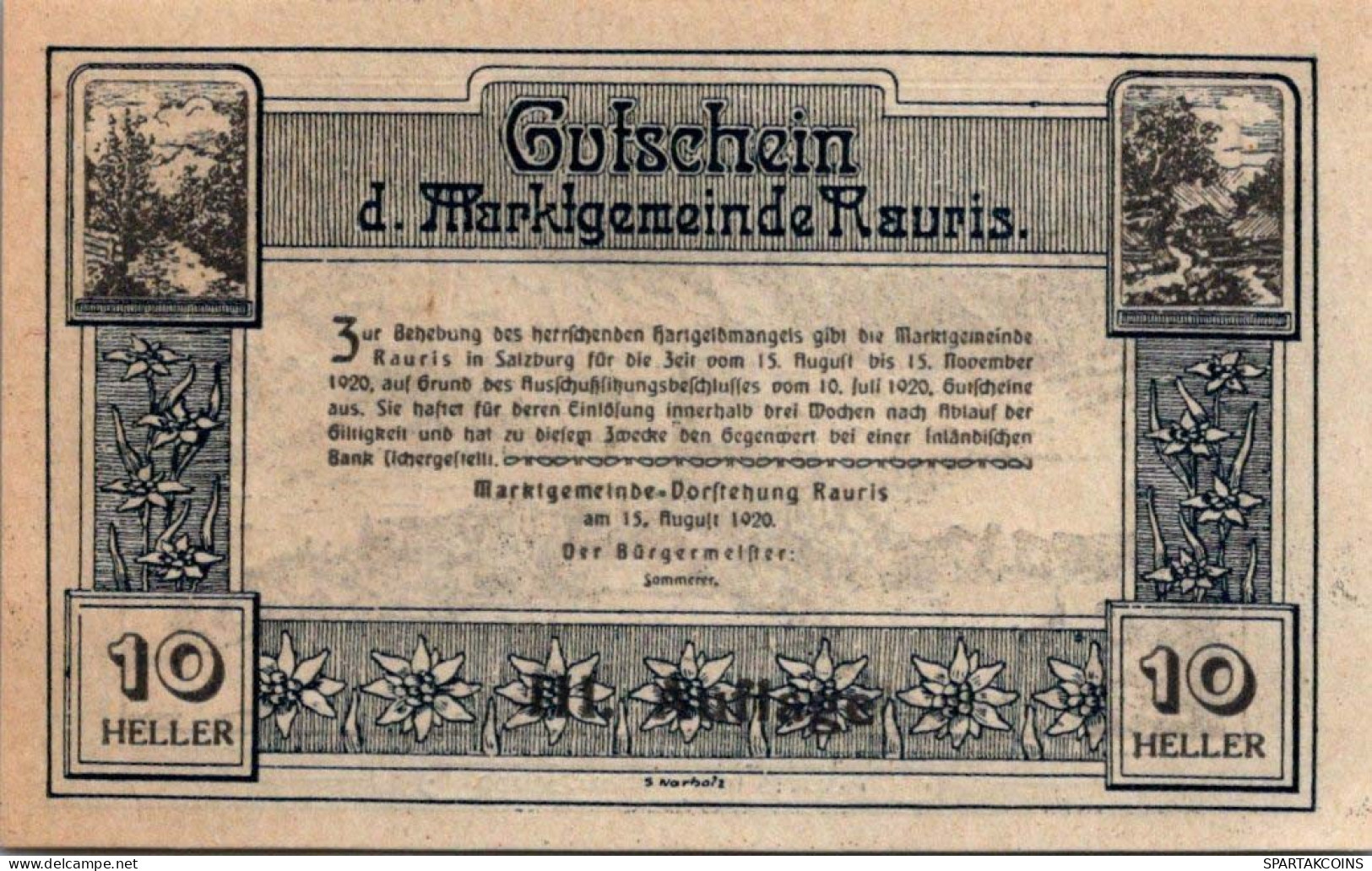 10 HELLER 1920 Stadt Rauris Salzburg Österreich Notgeld Banknote #PE529 - Lokale Ausgaben