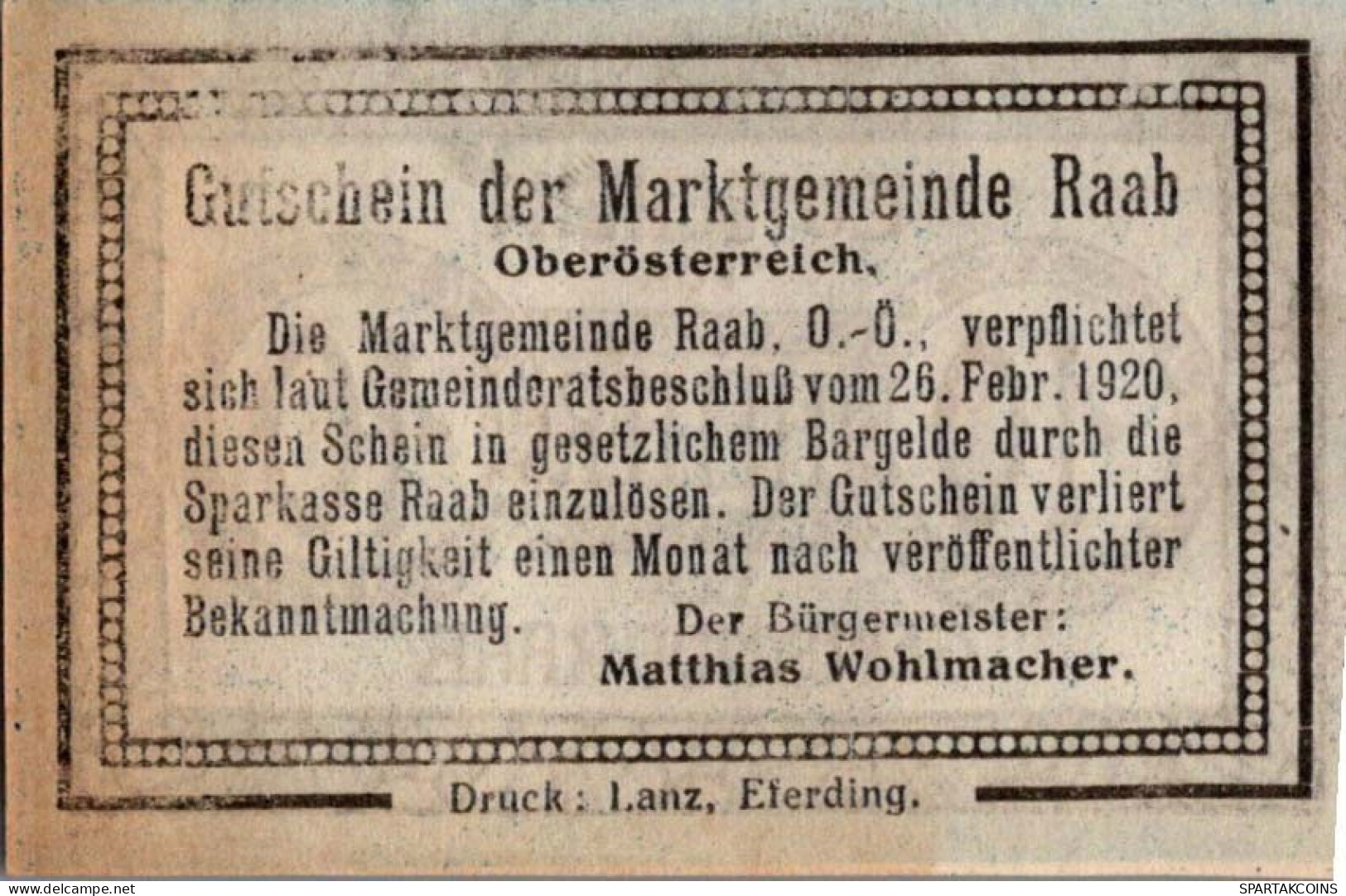 10 HELLER 1920 Stadt RAAB Oberösterreich Österreich UNC Österreich Notgeld Banknote #PH450 - [11] Emissions Locales