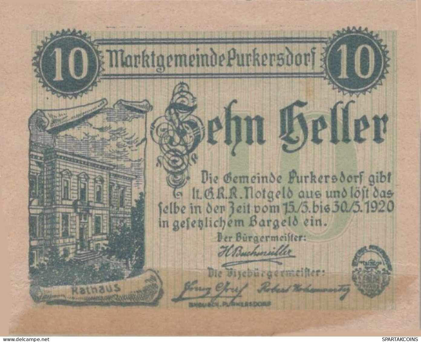 10 HELLER 1920 Stadt PURKERSDORF Niedrigeren Österreich Notgeld #PE395 - Lokale Ausgaben