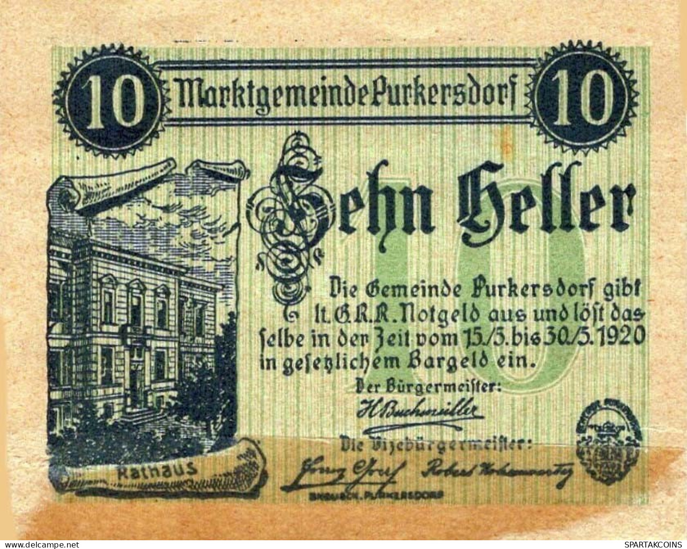 10 HELLER 1920 Stadt PURKERSDORF Niedrigeren Österreich Notgeld #PE395 - [11] Local Banknote Issues