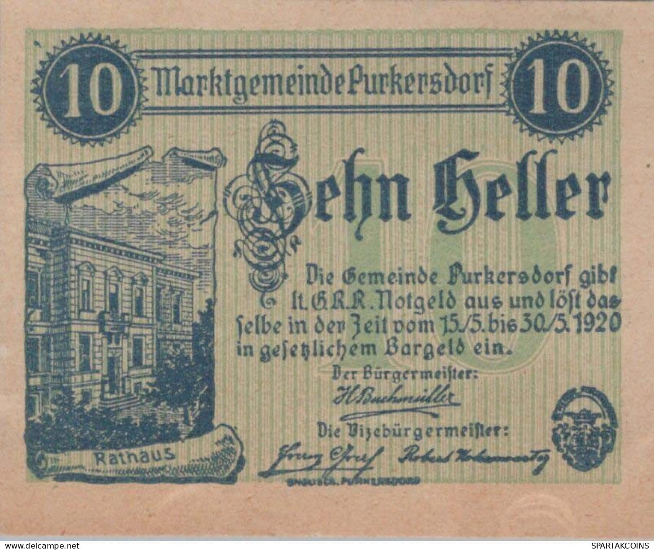 10 HELLER 1920 Stadt PURKERSDORF Niedrigeren Österreich Notgeld #PE312 - Lokale Ausgaben