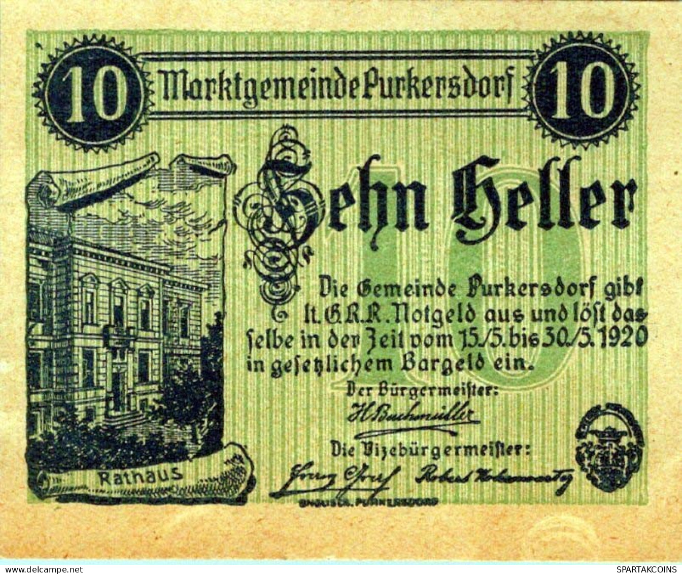 10 HELLER 1920 Stadt PURKERSDORF Niedrigeren Österreich Notgeld #PE312 - [11] Emissioni Locali
