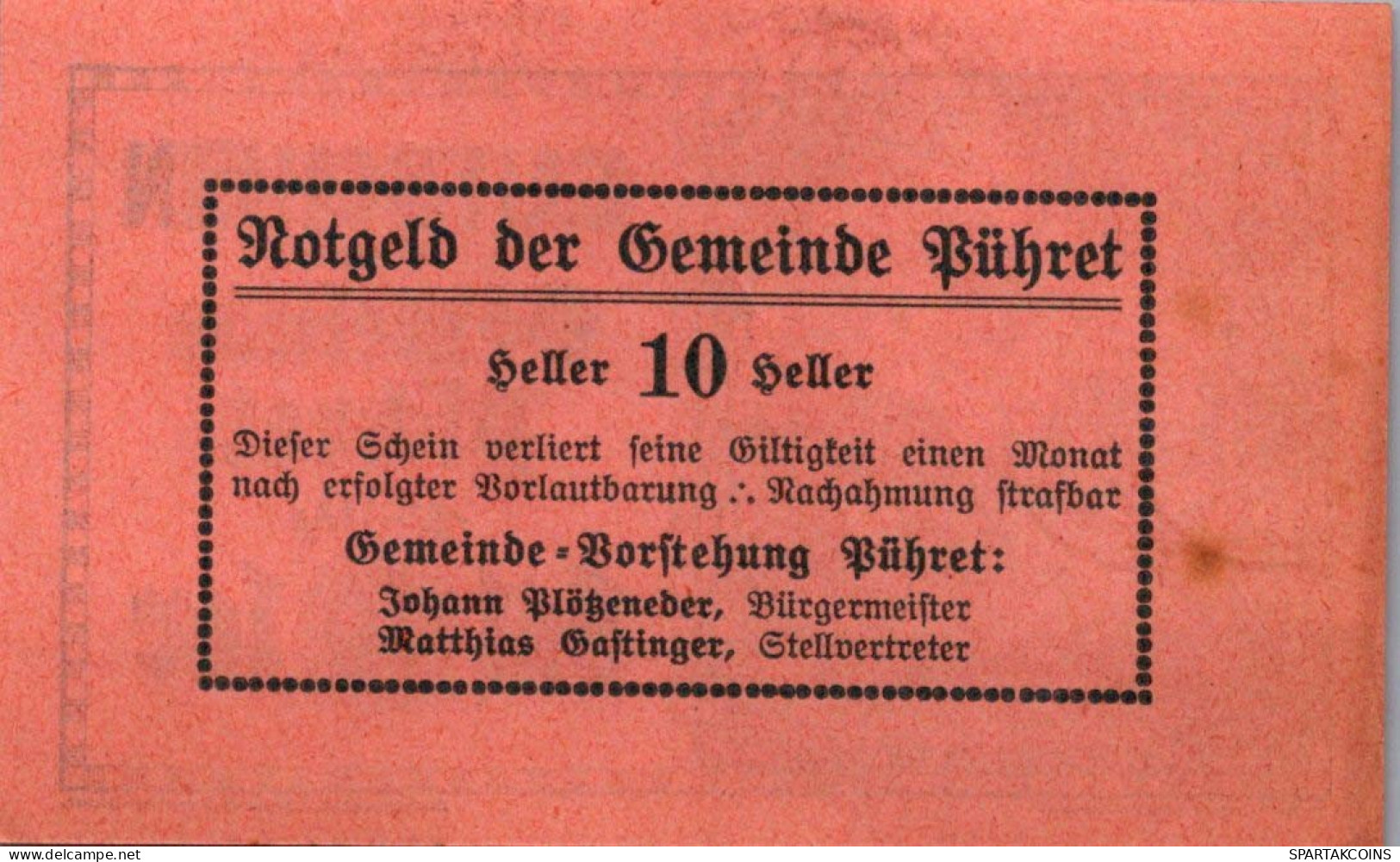 10 HELLER 1920 Stadt Pühret Oberösterreich Österreich Notgeld Banknote #PE285 - [11] Local Banknote Issues