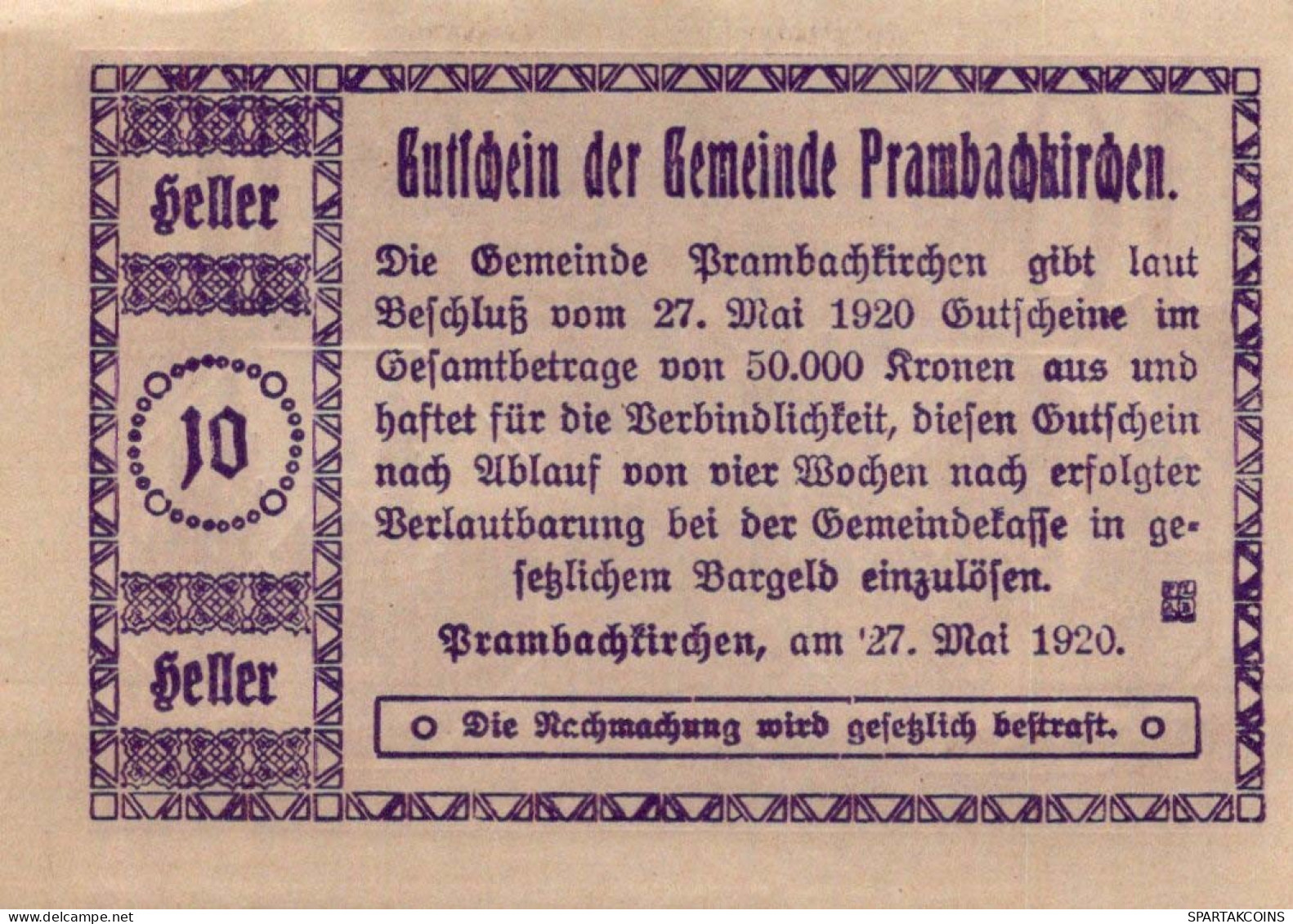 10 HELLER 1920 Stadt PRAMBACHKIRCHEN Oberösterreich Österreich Notgeld #PE376 - Lokale Ausgaben