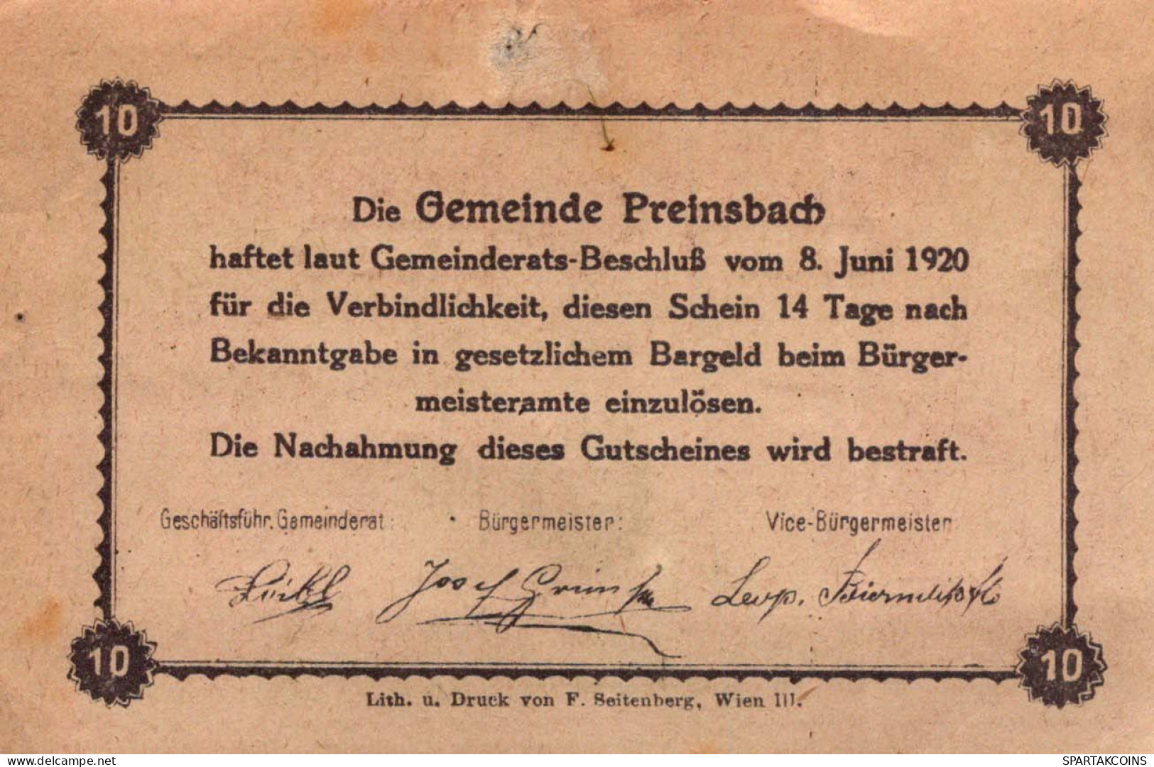 10 HELLER 1920 Stadt Preinsbach Niedrigeren Österreich Notgeld #PI416 - [11] Emissions Locales