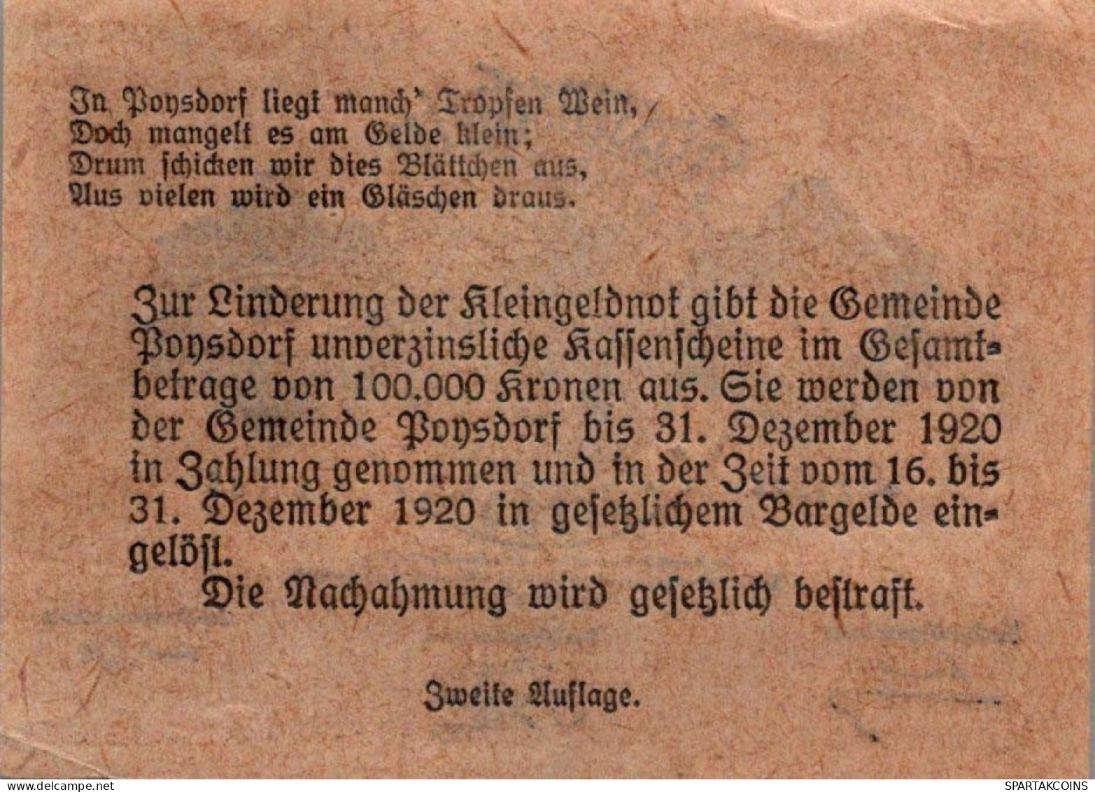 10 HELLER 1920 Stadt POYSDORF Niedrigeren Österreich Notgeld Papiergeld Banknote #PG972 - [11] Local Banknote Issues